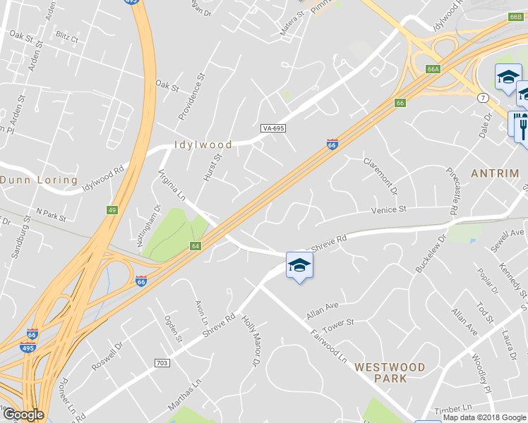 map of restaurants, bars, coffee shops, grocery stores, and more near 2428 Center Street in Falls Church