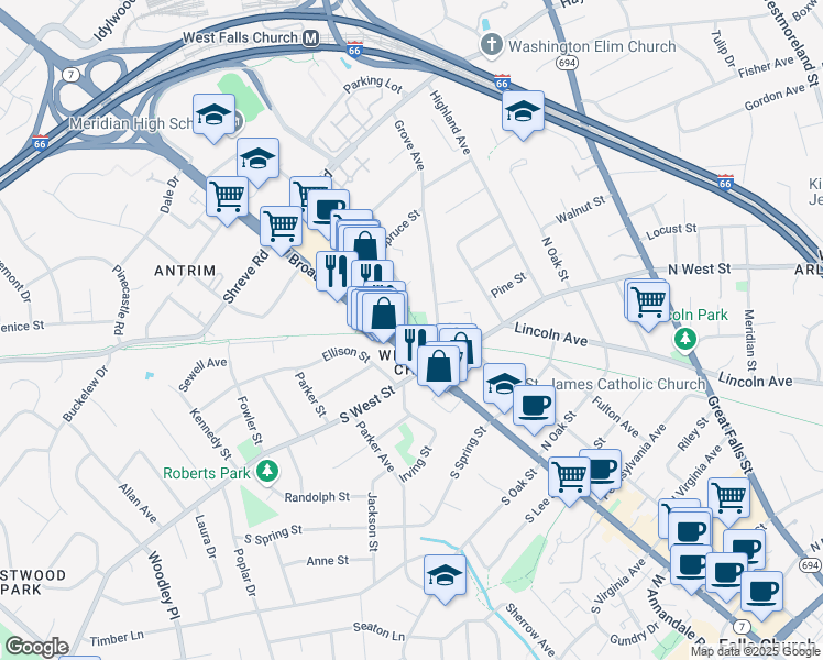 map of restaurants, bars, coffee shops, grocery stores, and more near 1048 West Broad Street in Falls Church
