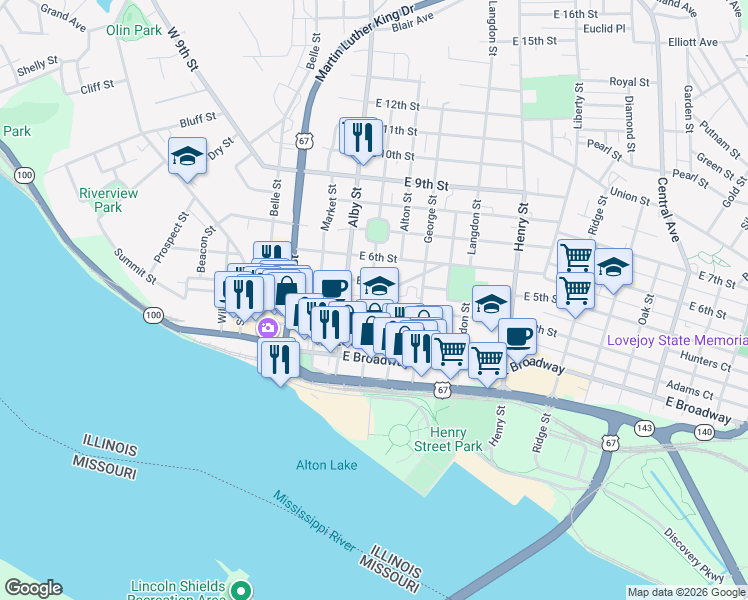 map of restaurants, bars, coffee shops, grocery stores, and more near 200 East 4th Street in Alton