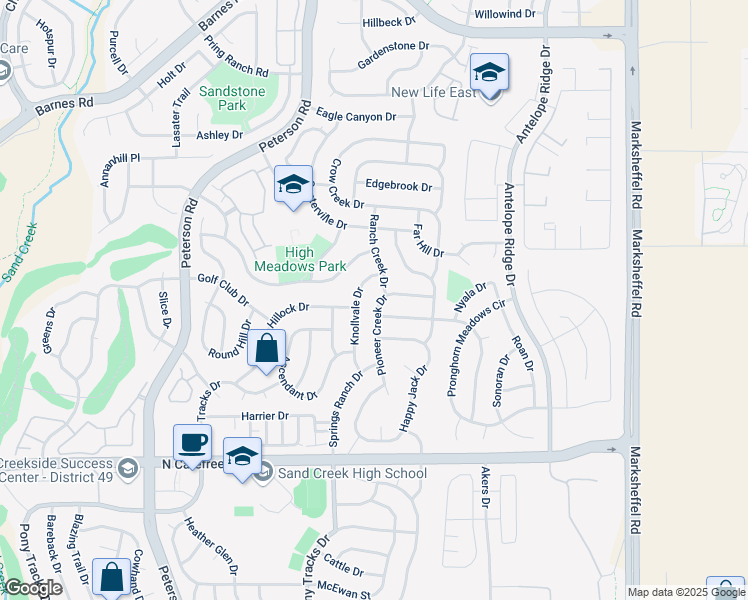 map of restaurants, bars, coffee shops, grocery stores, and more near 4238 Pioneer Creek Drive in Colorado Springs
