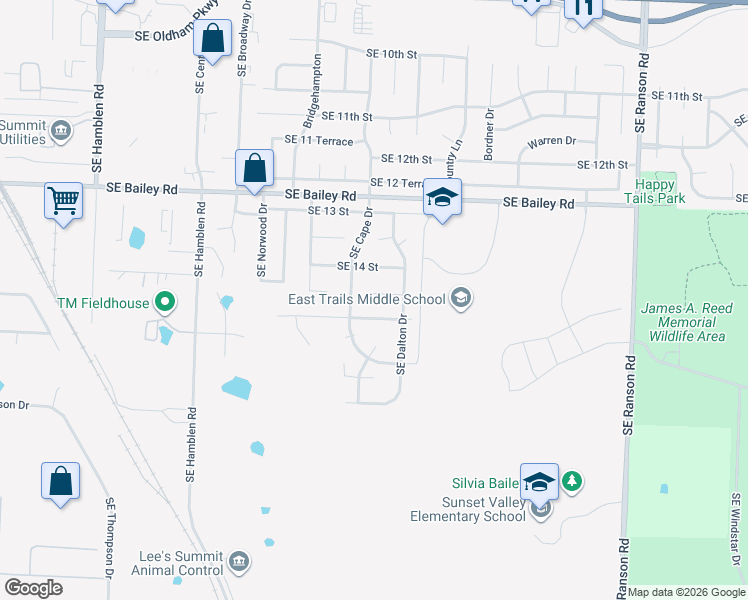 map of restaurants, bars, coffee shops, grocery stores, and more near 940 Southeast 14th Terrace in Lee's Summit