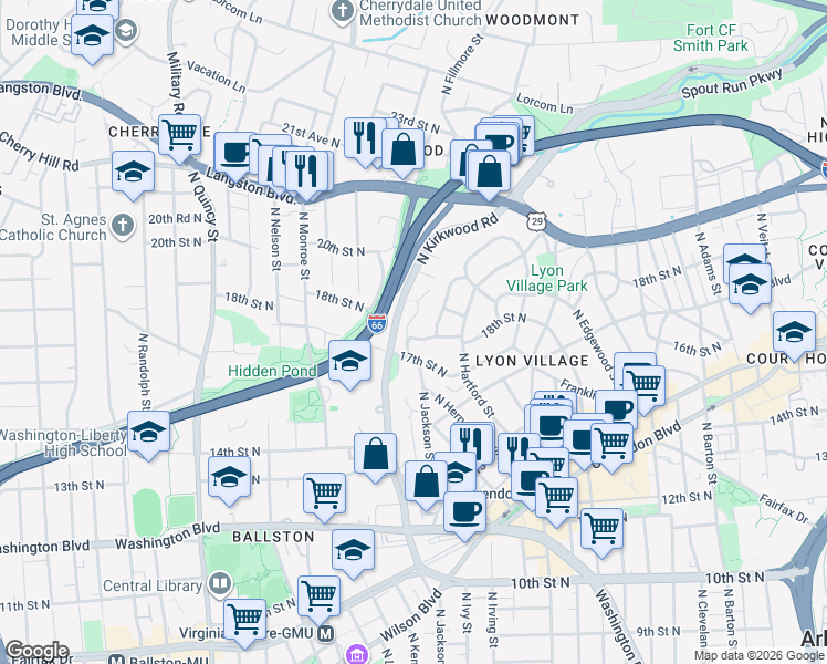 map of restaurants, bars, coffee shops, grocery stores, and more near 3197 18th Street North in Arlington