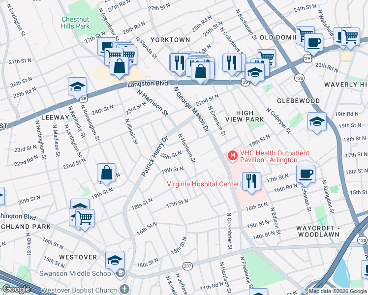 map of restaurants, bars, coffee shops, grocery stores, and more near 5401 20th Street North in Arlington