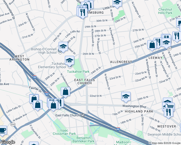 map of restaurants, bars, coffee shops, grocery stores, and more near 6407 24th Street North in Arlington