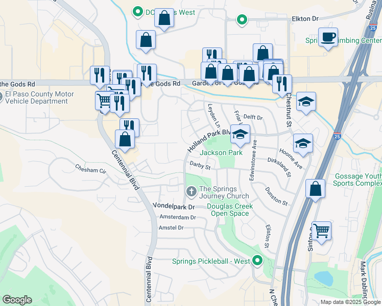 map of restaurants, bars, coffee shops, grocery stores, and more near 1237 Holland Park Boulevard in Colorado Springs