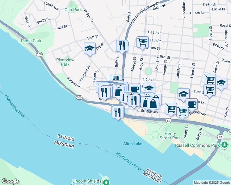 map of restaurants, bars, coffee shops, grocery stores, and more near 331 Belle Street in Alton