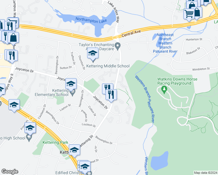 map of restaurants, bars, coffee shops, grocery stores, and more near 11307 Kettering Circle in Upper Marlboro