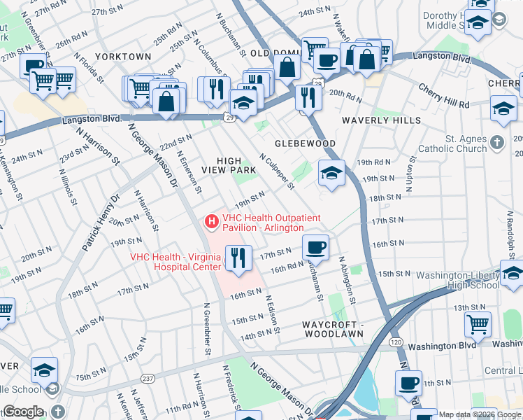 map of restaurants, bars, coffee shops, grocery stores, and more near 1838 North Columbus Street in Arlington