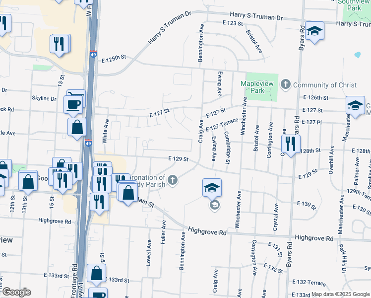 map of restaurants, bars, coffee shops, grocery stores, and more near 6608 East 128 Terrace in Grandview