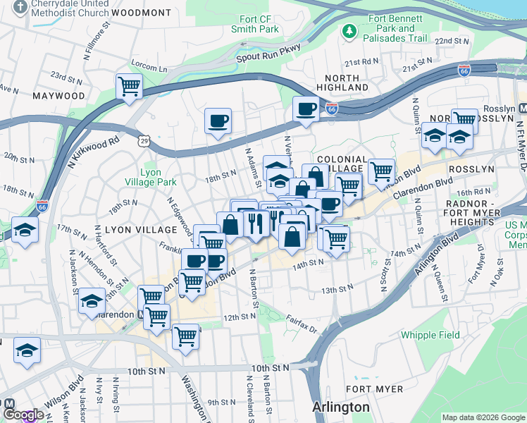 map of restaurants, bars, coffee shops, grocery stores, and more near 2417 Custis Road in Arlington