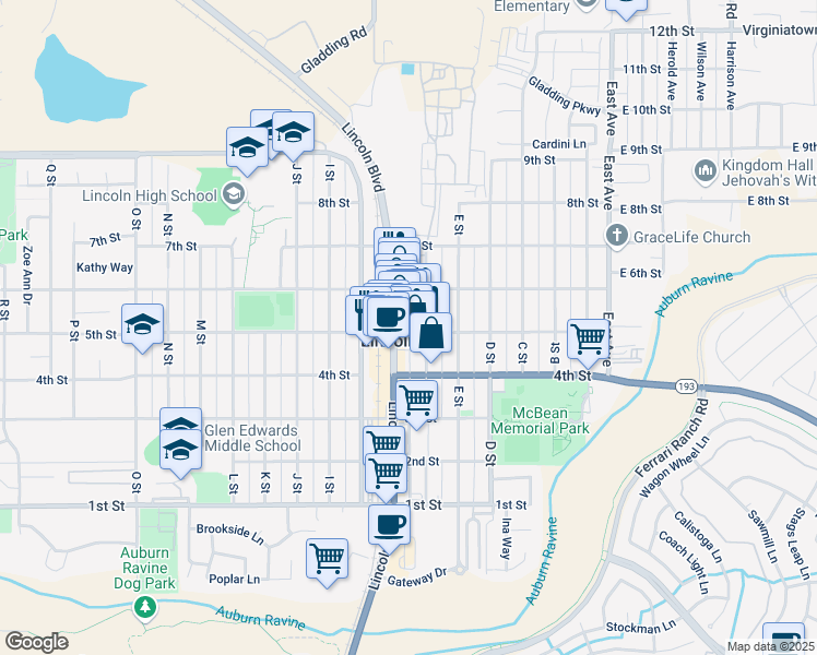 map of restaurants, bars, coffee shops, grocery stores, and more near 590 5th Street in Lincoln