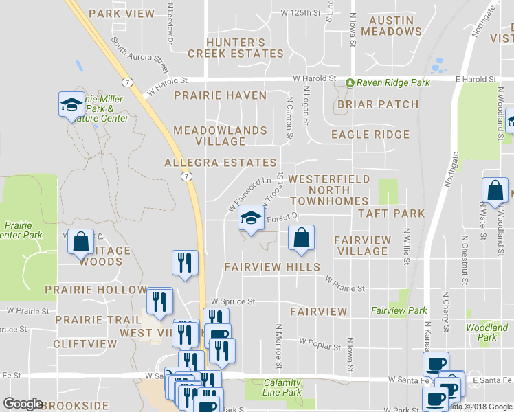 map of restaurants, bars, coffee shops, grocery stores, and more near 709 North Troost Street in Olathe