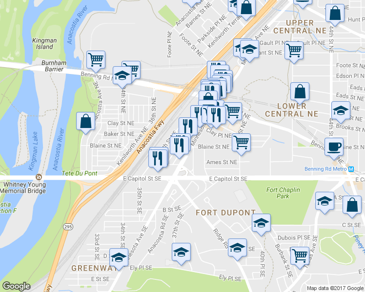 map of restaurants, bars, coffee shops, grocery stores, and more near 161 36th Street Northeast in Washington