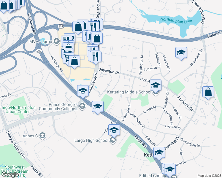 map of restaurants, bars, coffee shops, grocery stores, and more near 169 Joyceton Terrace in Upper Marlboro