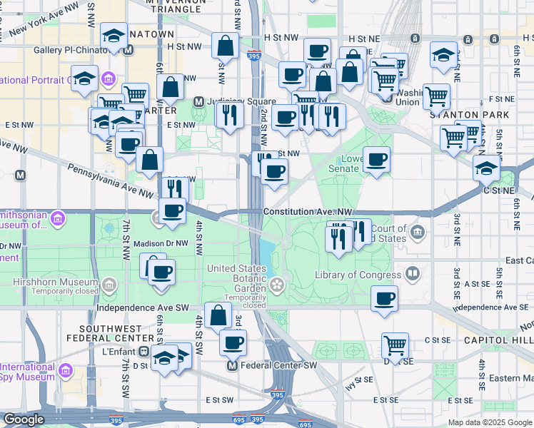 map of restaurants, bars, coffee shops, grocery stores, and more near 120 Constitution Avenue Northwest in Washington