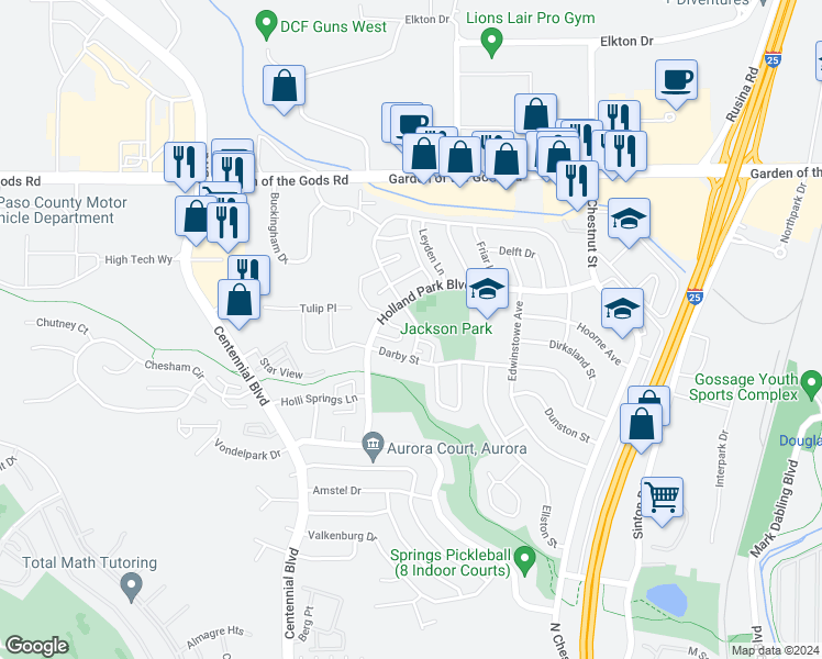 map of restaurants, bars, coffee shops, grocery stores, and more near 4118 Forrest Hill Road in Colorado Springs