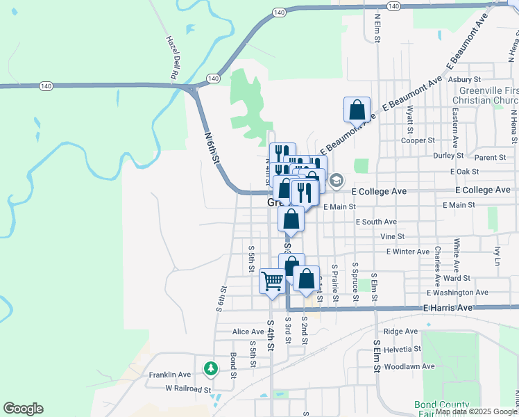 map of restaurants, bars, coffee shops, grocery stores, and more near 414 West Main Street in Greenville
