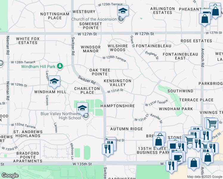 map of restaurants, bars, coffee shops, grocery stores, and more near 9802 West 131st Street in Overland Park