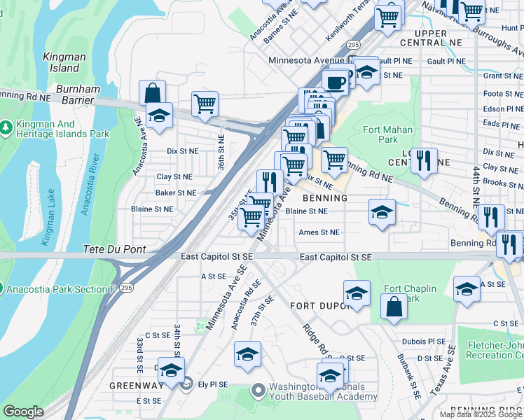 map of restaurants, bars, coffee shops, grocery stores, and more near 161 36th Street Northeast in Washington