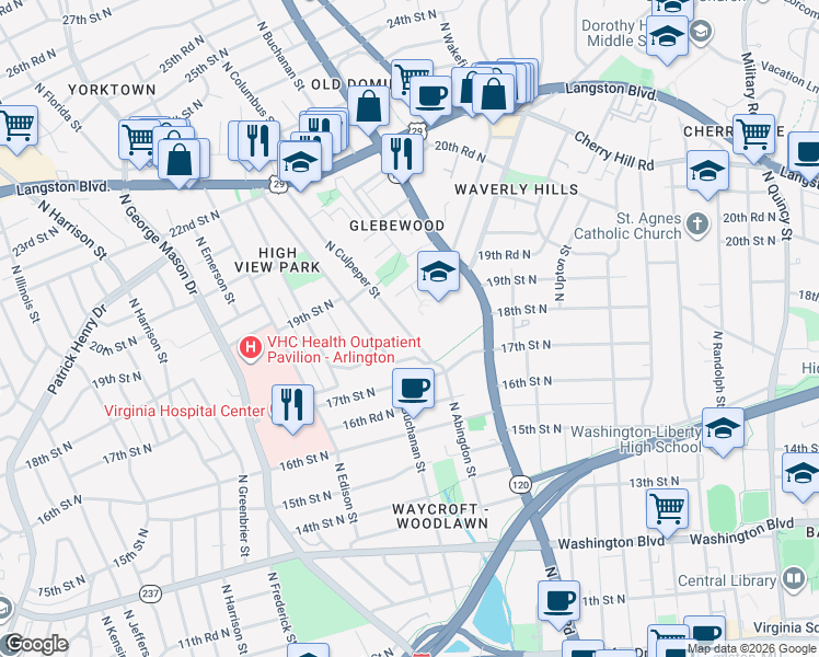 map of restaurants, bars, coffee shops, grocery stores, and more near 1737 North Culpeper Street in Arlington