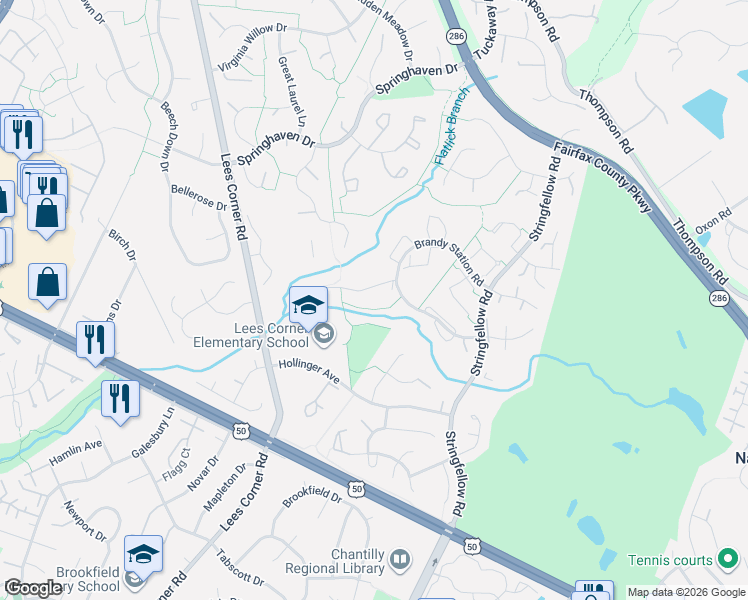 map of restaurants, bars, coffee shops, grocery stores, and more near 13329 Foxhole Drive in Fairfax