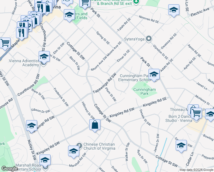 map of restaurants, bars, coffee shops, grocery stores, and more near 124 Tapawingo Road Southwest in Vienna