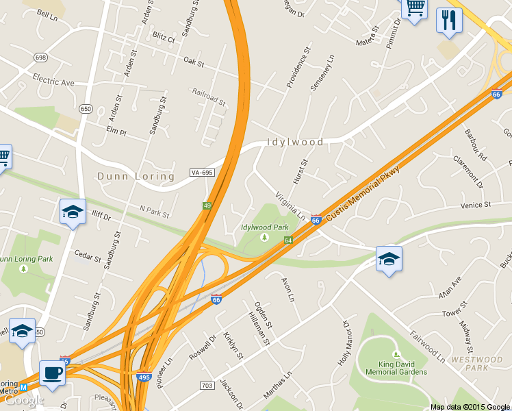 map of restaurants, bars, coffee shops, grocery stores, and more near 2421 Nottingham Dr in Falls Church
