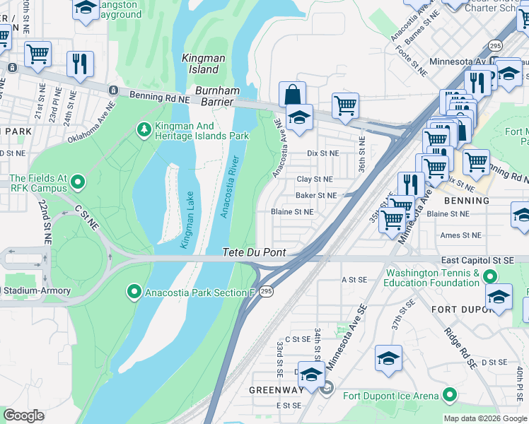 map of restaurants, bars, coffee shops, grocery stores, and more near 3250 Blaine St NE in Washington