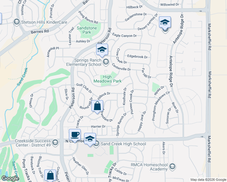 map of restaurants, bars, coffee shops, grocery stores, and more near 7092 Hillock Drive in Colorado Springs