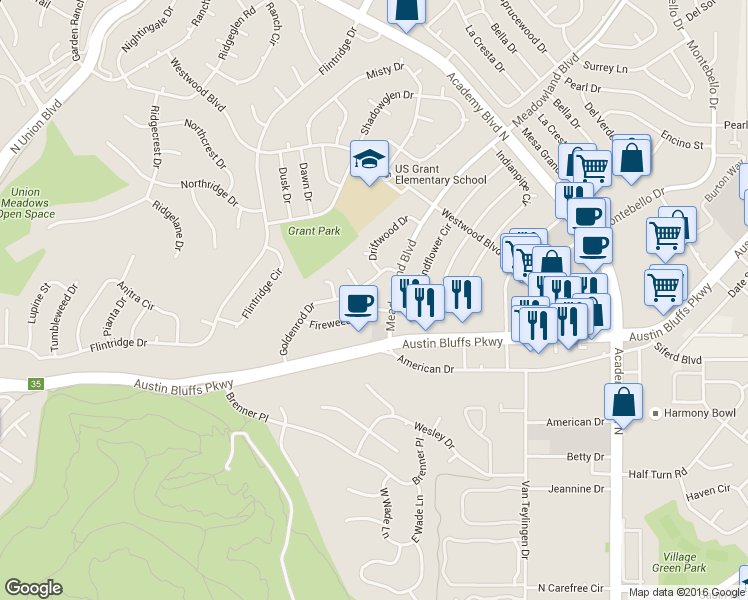map of restaurants, bars, coffee shops, grocery stores, and more near 3524 Indianpipe Circle in Colorado Springs