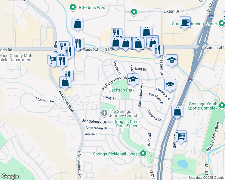 map of restaurants, bars, coffee shops, grocery stores, and more near 4118 Forrest Hill Road in Colorado Springs