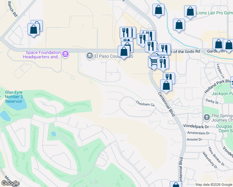 map of restaurants, bars, coffee shops, grocery stores, and more near 1513 Chutney Court in Colorado Springs