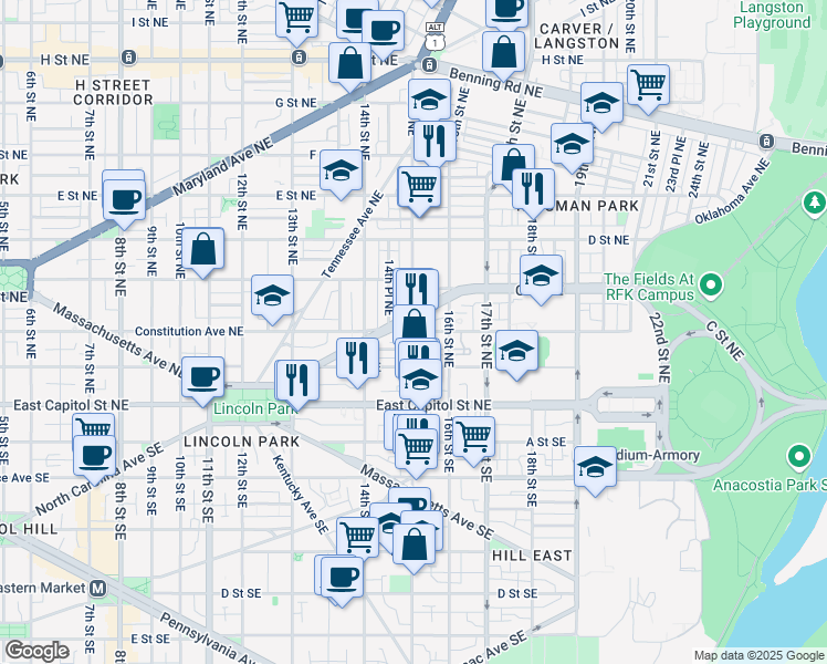 map of restaurants, bars, coffee shops, grocery stores, and more near 101 Independence Avenue Southeast in Washington