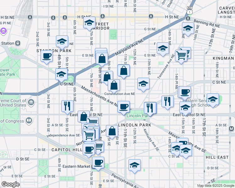 map of restaurants, bars, coffee shops, grocery stores, and more near 101 Independence Avenue Southeast in Washington