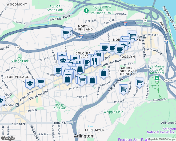 map of restaurants, bars, coffee shops, grocery stores, and more near 101 Independence Avenue Southeast in Washington