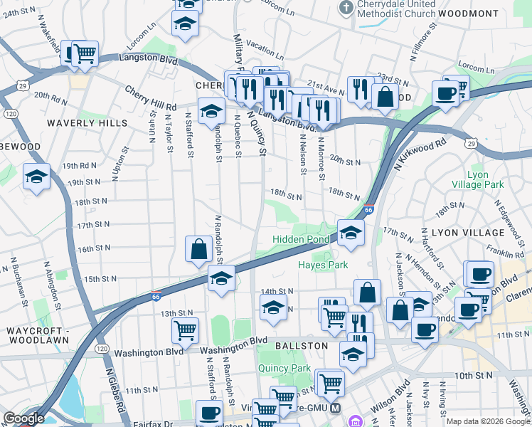 map of restaurants, bars, coffee shops, grocery stores, and more near 1715 North Quincy Street in Arlington