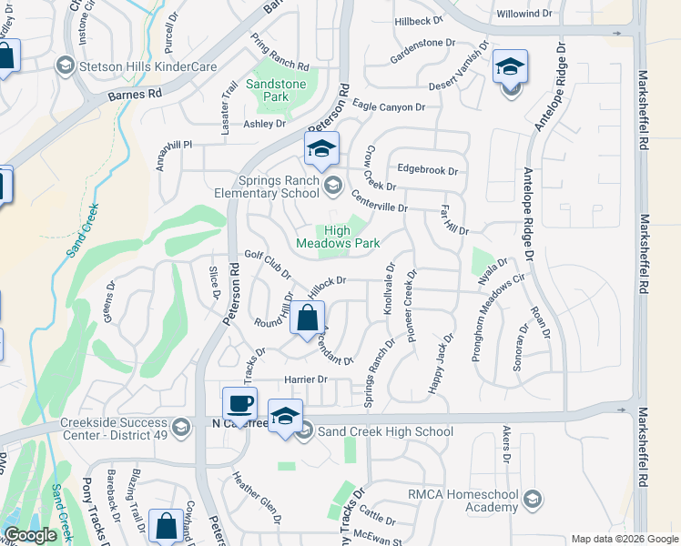 map of restaurants, bars, coffee shops, grocery stores, and more near 7032 Hillock Drive in Colorado Springs