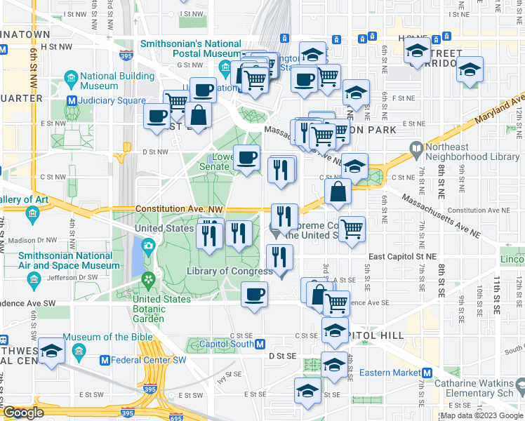 map of restaurants, bars, coffee shops, grocery stores, and more near Constitution Ave NE & Northeast Dr in Washington