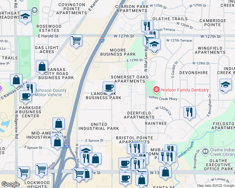 map of restaurants, bars, coffee shops, grocery stores, and more near 723 N Somerset Terrace in Olathe