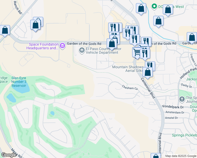 map of restaurants, bars, coffee shops, grocery stores, and more near 1545 Chutney Court in Colorado Springs
