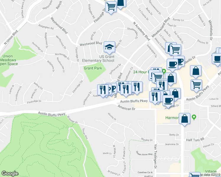 map of restaurants, bars, coffee shops, grocery stores, and more near 3524 Indianpipe Circle in Colorado Springs