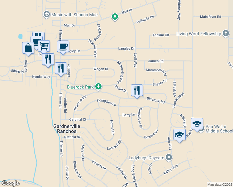 map of restaurants, bars, coffee shops, grocery stores, and more near 758 Bluerock Road in Gardnerville