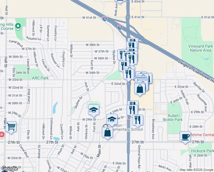 map of restaurants, bars, coffee shops, grocery stores, and more near 200 East 32nd Street in Hays