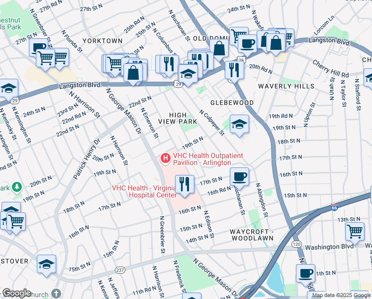 map of restaurants, bars, coffee shops, grocery stores, and more near 5006 19th Street North in Arlington