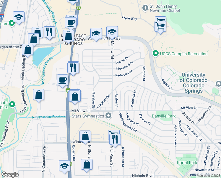 map of restaurants, bars, coffee shops, grocery stores, and more near 4004 Mallow Road in Colorado Springs