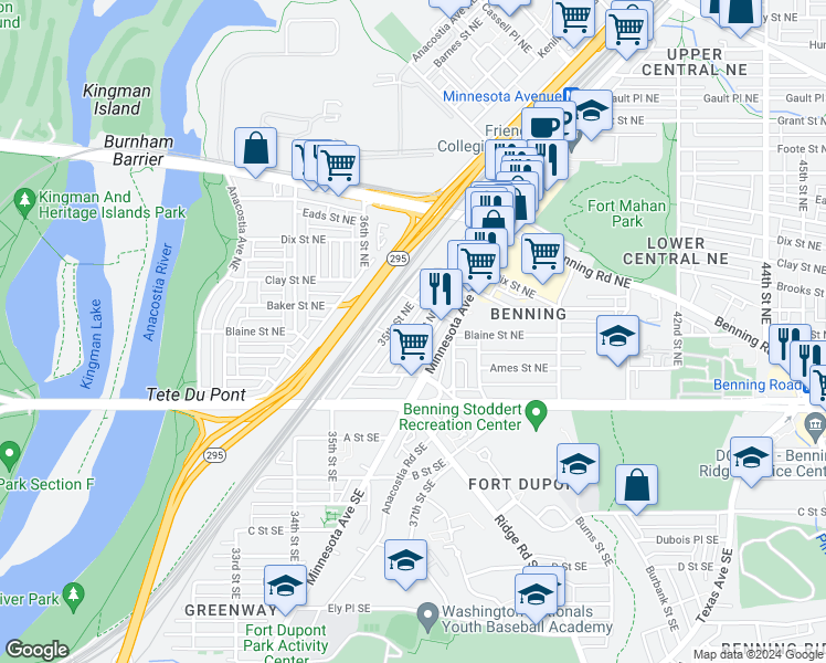 map of restaurants, bars, coffee shops, grocery stores, and more near 162 36th Street Northeast in Washington