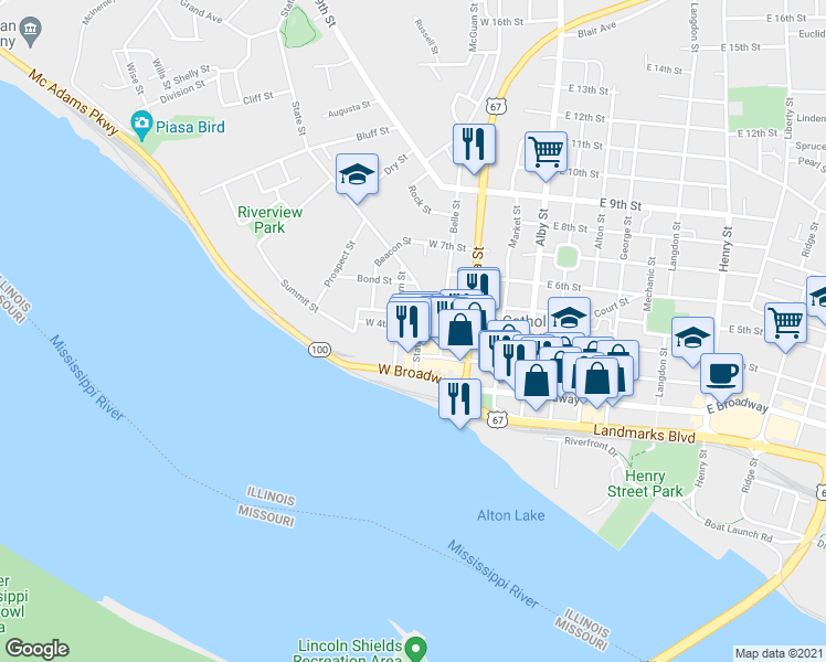 map of restaurants, bars, coffee shops, grocery stores, and more near 322 State Street in Alton