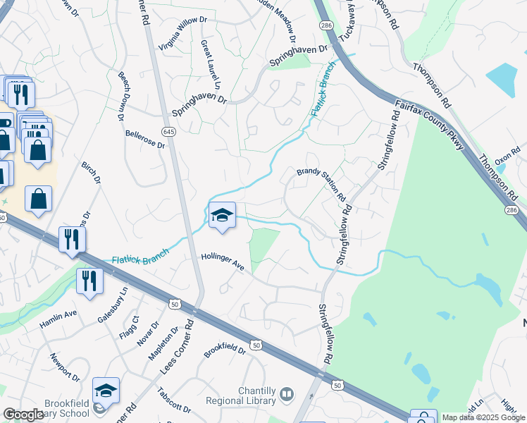 map of restaurants, bars, coffee shops, grocery stores, and more near 13335 Foxhole Drive in Fairfax