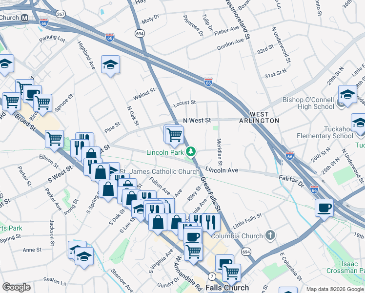 map of restaurants, bars, coffee shops, grocery stores, and more near 519 Great Falls Street in Falls Church