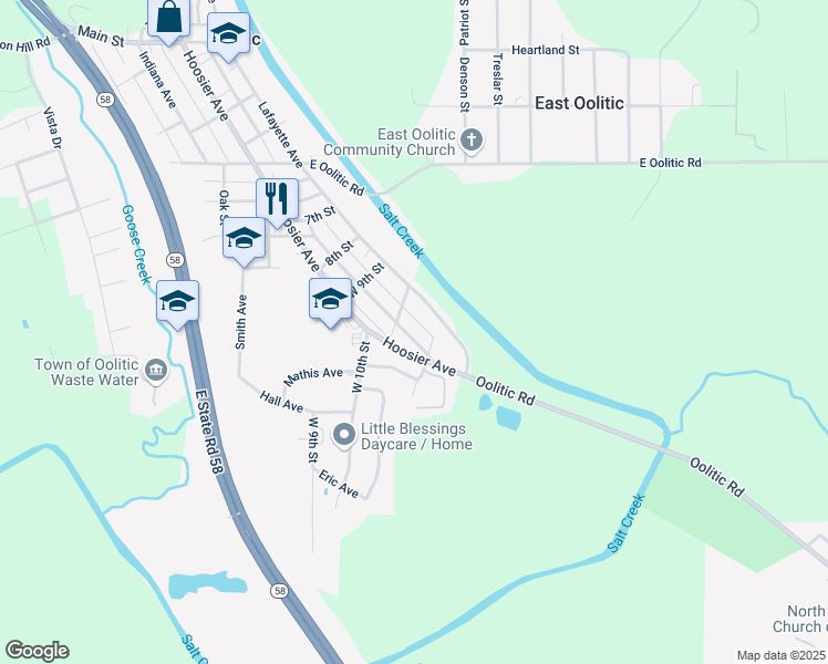 map of restaurants, bars, coffee shops, grocery stores, and more near 1006 Walnut St in Oolitic